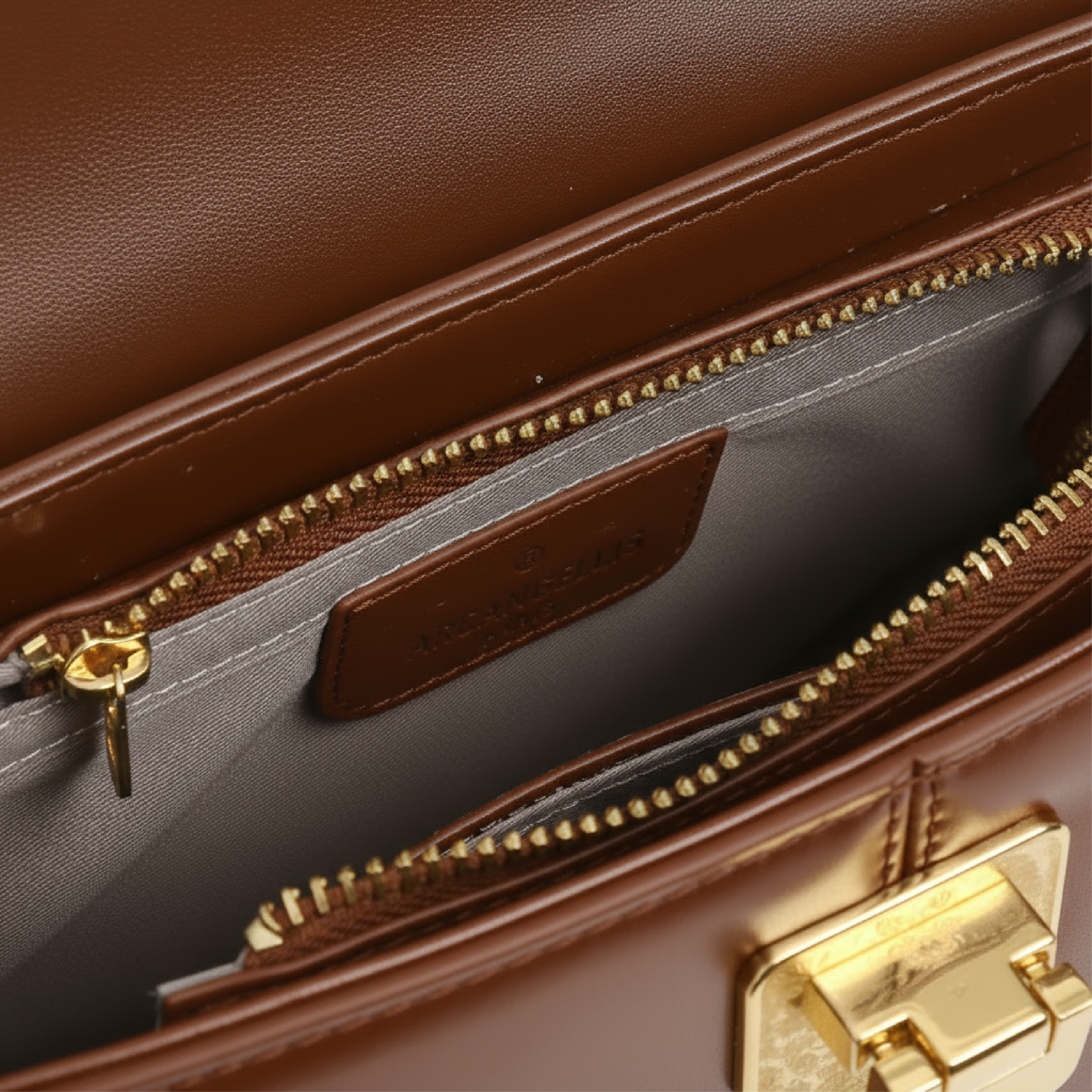 ARCANGELLIS_Aurielle_vegan_leather_crossbody_bag_in_Chocolate_with_gold_clasp_-_Inside_View