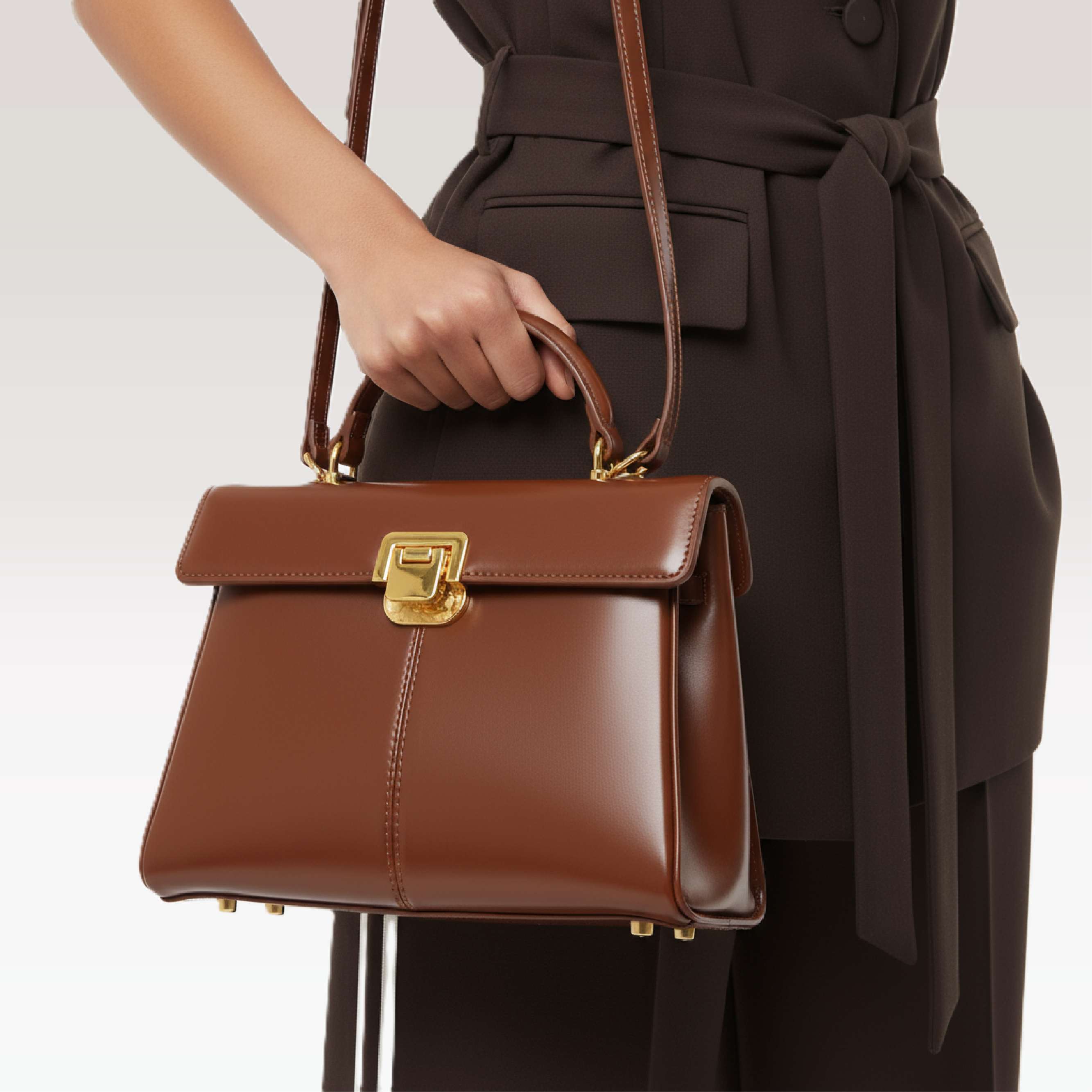 ARCANGELLIS_Aurielle_vegan_leather_crossbody_bag_in_Chocolate_with_gold_clasp_-_Model_Zoomed_View