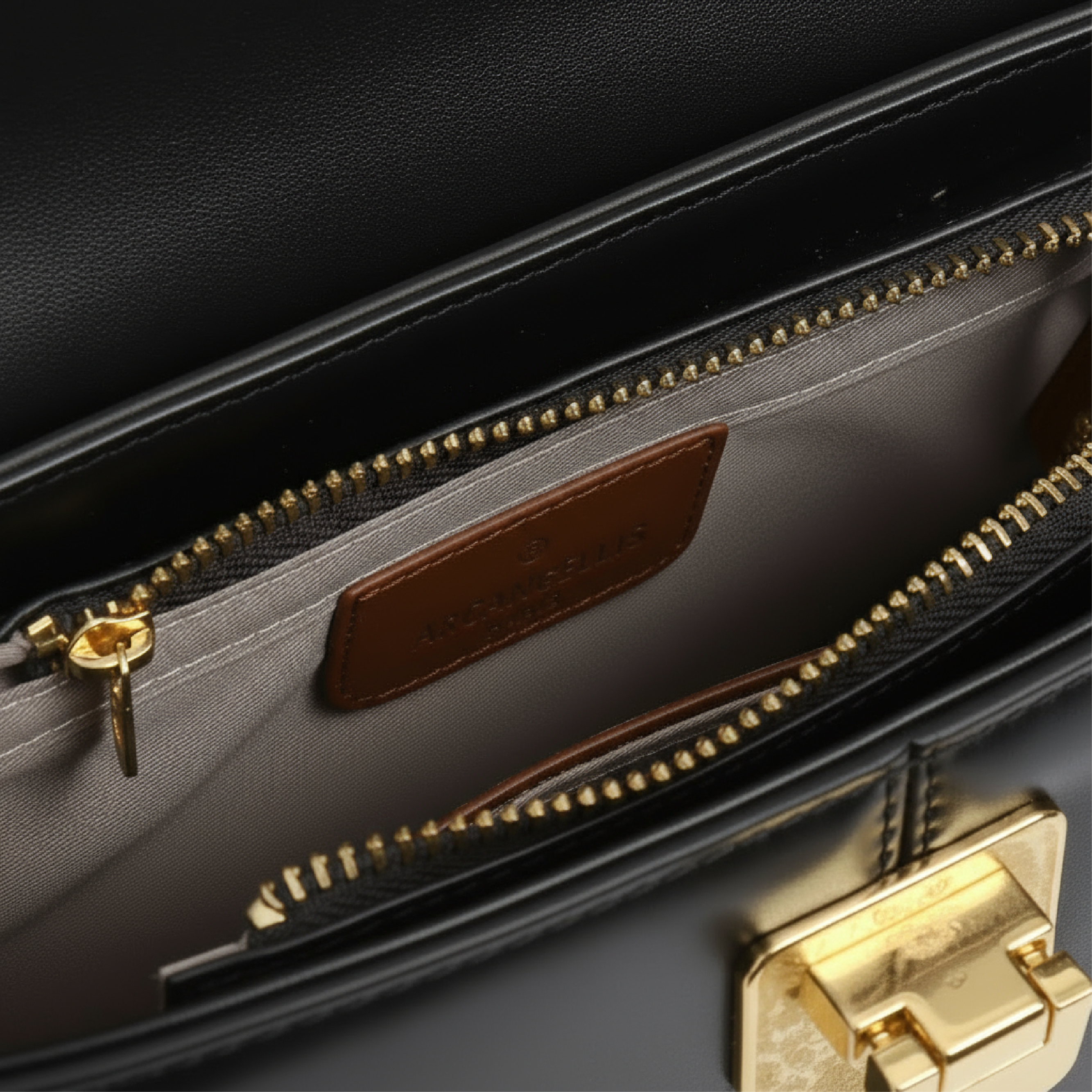 ARCANGELLIS_Aurielle_vegan_leather_crossbody_bag_in_Noir_with_gold_clasp_-_Inside_View