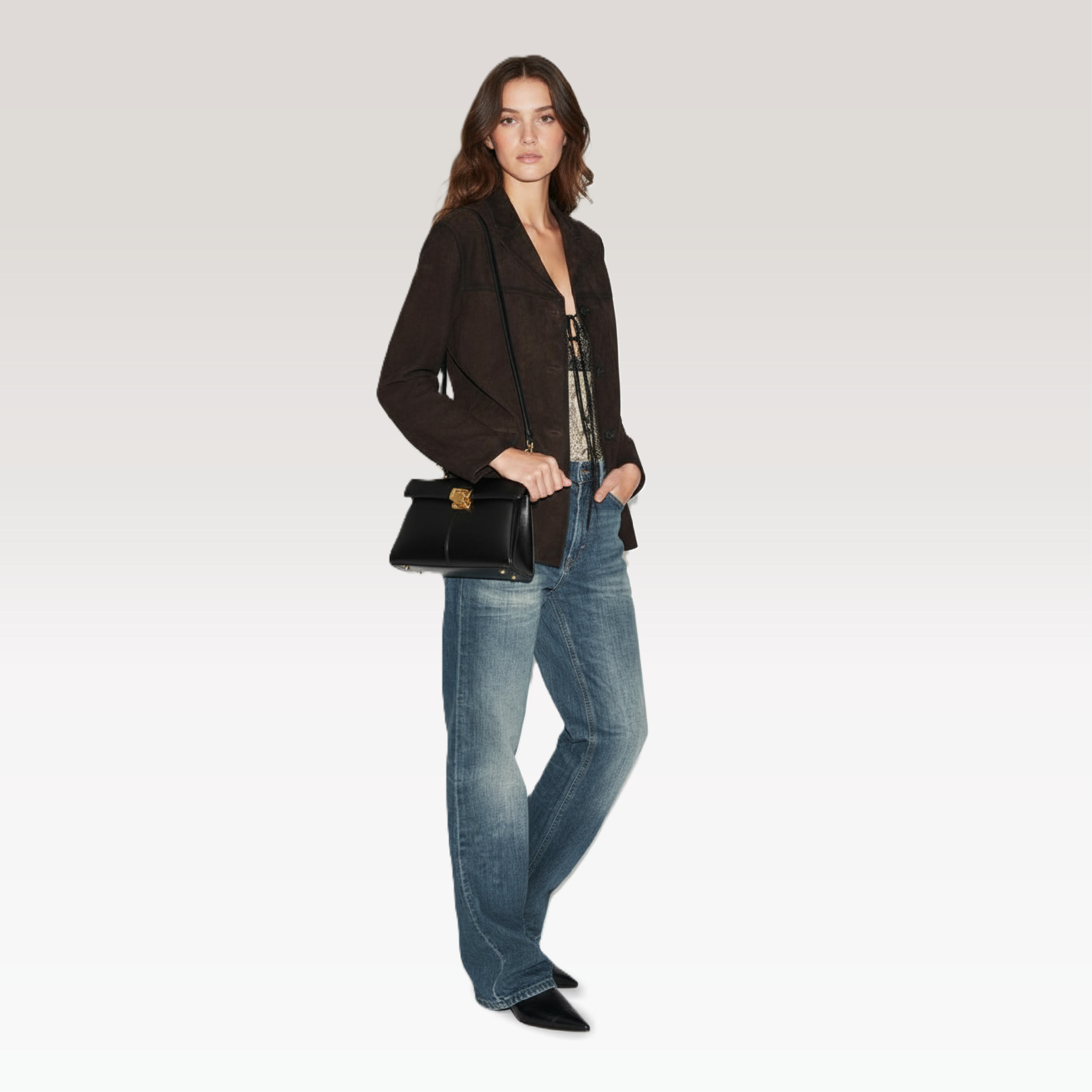ARCANGELLIS_Aurielle_vegan_leather_crossbody_bag_in_Noir_with_gold_clasp_-_Model_View